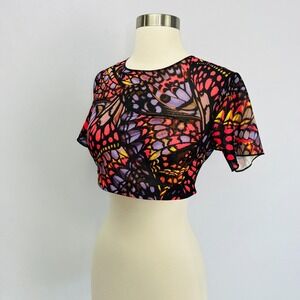 Yitty NWT Shirt Large Black Pink Butterfly Mesh Me Smoothing Midi Top Womens